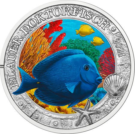 Autriche Poisson chirurgien bleu - 3 Euros 2024 (Collection Vie sous-marine)