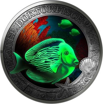 Autriche Poisson chirurgien bleu - 3 Euros 2024 (Collection Vie sous-marine)