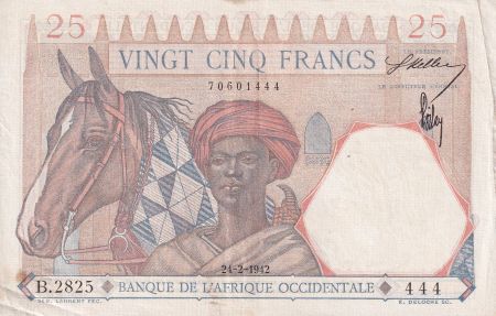 B A O 25 Francs - Homme et cheval, Lion - Chiffres rouges - 1942 - Série B.2825 - TTB+ - P.27