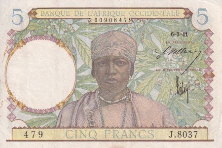 B A O 5 Francs - Caféier - Tisseran - 06-03-1941 - Série J.8037 - P.21