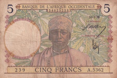 B A O 5 Francs - Caféier - Tisseran - 10/03/1938 - Série A.5362 - TB - P.21