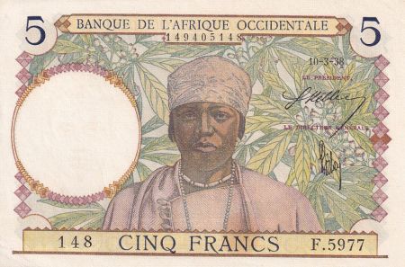 B A O 5 Francs - Caféier - Tisseran - 10-03-1938 - Série F.5977 - Numéro 148