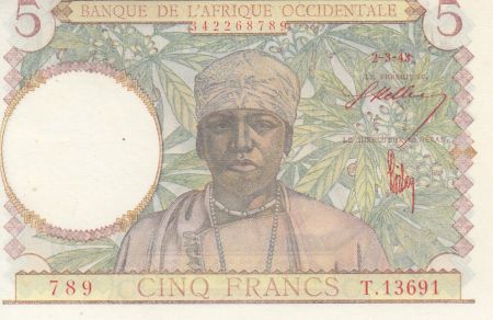 B A O 5 Francs - Caféier - Tisseran - Chiffres rouges - 1943 - Série T.13691