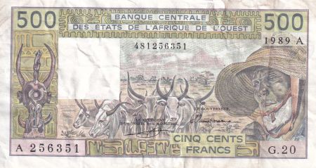 BCEAO 500 Francs - Veil homme et zébus - 1989 - Lettre A (Côte-d\'Ivoire) - Série G.20 - P.106Am