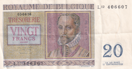 Belgique 20 Francs Belgique - 03-04-1956 - R. De Lassus, P. De Monte