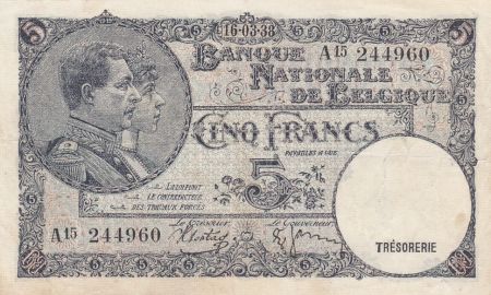 Belgique 5 Francs - Albert & Elizabeth - 05-05-1938