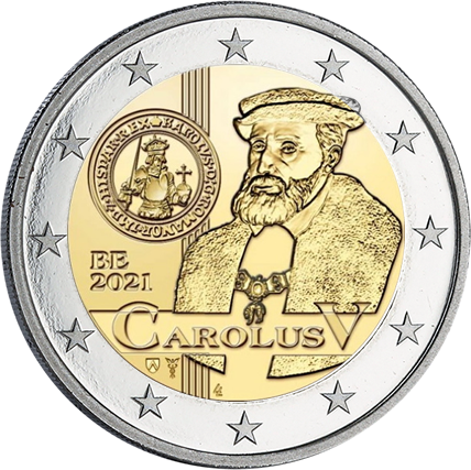 Belgique 500 ans des pièces Charles Quint sans coincard - 2 Euros Commémo. 2021