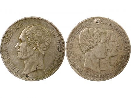 Belgique Léopold I - 5 Francs Argent, Mariage Ducal - 1853 Bruxelles, Percé