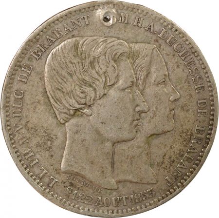 Belgique Léopold I - 5 Francs Argent, Mariage Ducal - 1853 Bruxelles, Percé