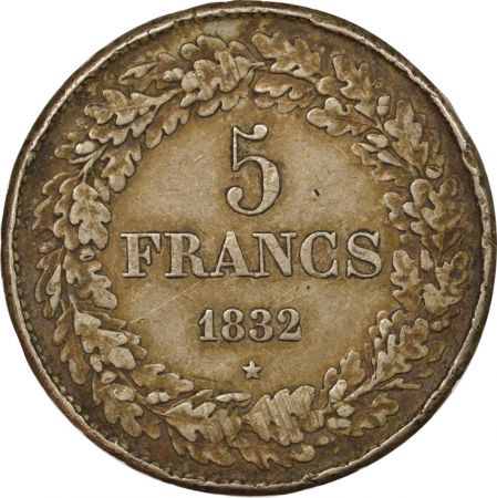 Belgique Léopold I - 5 Francs Argent, Tête laurée, Position B - 1832 Bruxelles