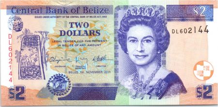 Belize 2 Dollar Elizabeth II,  Ruines Maya de Belize - 2011