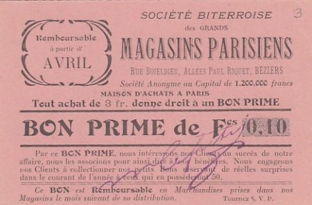 Bon prime de 0.10 francs - Société Biterroise - ND