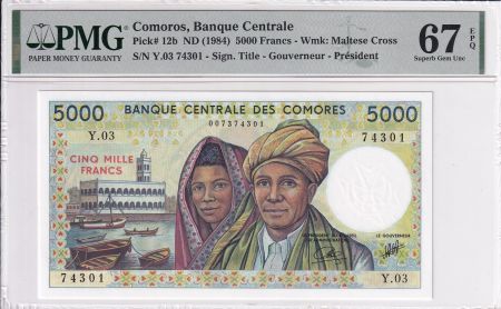 Comores 5000 Francs - Couple - Pdt Djohr - ND (1984-2005) - Série PMG 67 EPQ