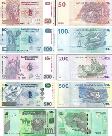 Congo (RDC) Série 5 billets du Congo 50 100 200 500 et 1000 Francs - 2013/2022