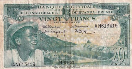 Congo Belge 20 Francs - Jeune Garçon - Barrage - 01-06-1959 - Série AN 613419