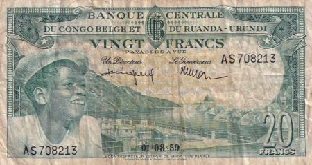 Congo Belge 20 Francs - Jeune Garçon - Barrage - 01-08-1959 - Série AS 708213