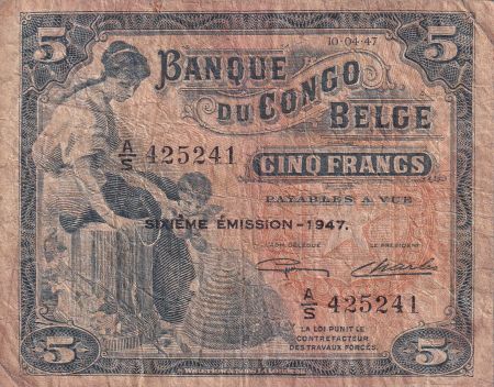 Congo Belge 5 Francs - Femme et enfant - animaux - 1947 - Série A.S - P.13Ad