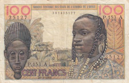 Côte d\'Ivoire 100 Francs masque 1961 - Côte d\'ivoire - Série P.153