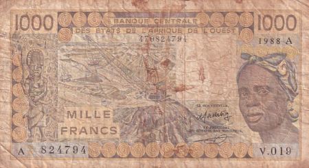 Côte d\'Ivoire 1000 Francs femme 1988 - Série V.019