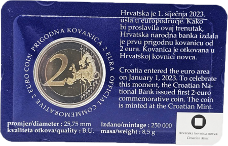 Croatie Introduction de l\'Euro - Fautée BE en coincard - 2 Euros Commémo. 2023