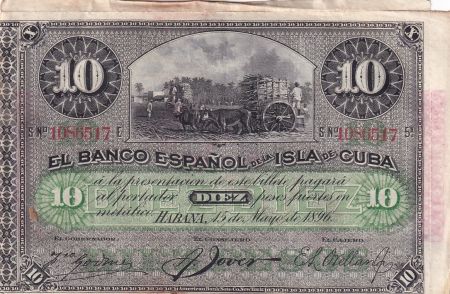 Cuba 10 Pesos - Récolte du sucre de canne Surchargé PLATA - 1896