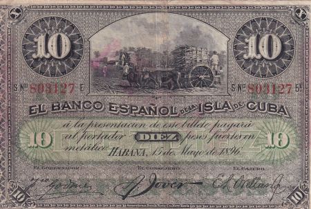 Cuba 10 Pesos - Récolte du sucre de canne Surchargé PLATA - 1896