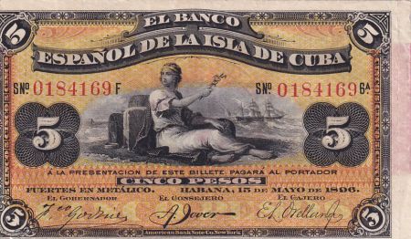 Cuba 5 Pesos - Femme, bateaux -Surchargé Plata - 1896 - P.48b