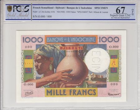 Djibouti 1000 Francs Banque de l\'Indochine - 1946 Spécimen PCGS 67 OPQ