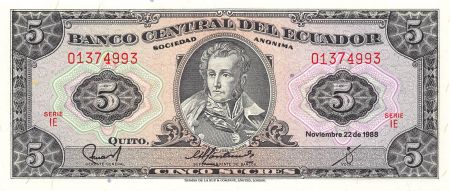 Equateur EQUATEUR  ANTONIO JOSE DE SUCRE - 5 SUCRES 1988 - P.NEUF