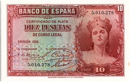 Espagne 10 Pesetas Portrait de femme - 1935 - sans série - SUP - P.86