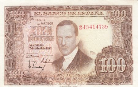 Espagne 100 Pesetas - J.R. de Torres - 07-04-1953 - Série 2J