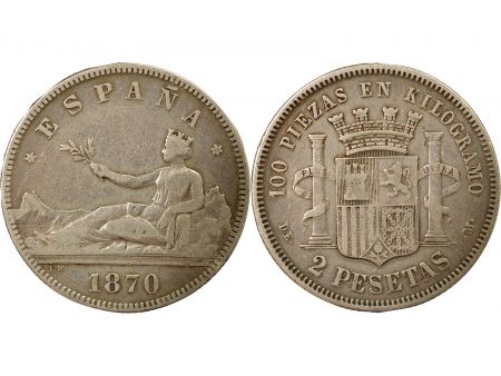 Espagne 2 Pesetas Argent, Gouvernement Provisoire - 1874 M Madrid