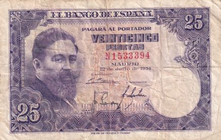 Espagne 25 Pesetas Isaac Albeniz - 1954 Série N