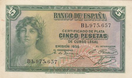 Espagne 5 Pesetas - Femme - Séries variées - 1935