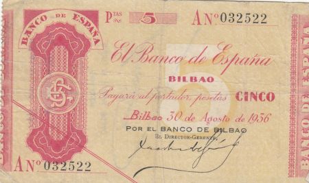 Espagne 5 Pesetas - Por el banco de Bilbao - 1936 - P.S551b-a