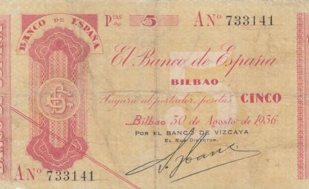 Espagne 5 Pesetas - Por el banco de Vizcaya - 1936 - P.S551b-g