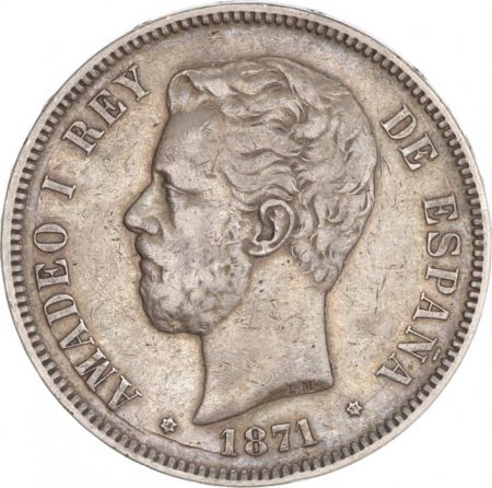 Espagne 5 Pesetas Amadeo 1er - Armoiries - 1871