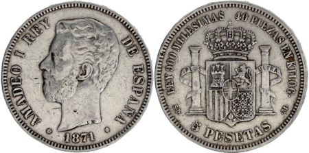 Espagne 5 Pesetas Amadeo 1er - Armoiries - 1871