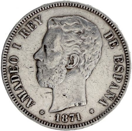 Espagne 5 Pesetas Amadeo 1er - Armoiries - 1871