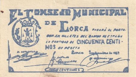 Espagne 50 Centimos - Conseil Municipal de Lorca - 1937