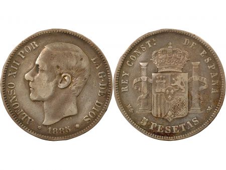 Espagne Alphonse XII - 5 Pesetas Argent, 3e Portrait - 1885 Madrid