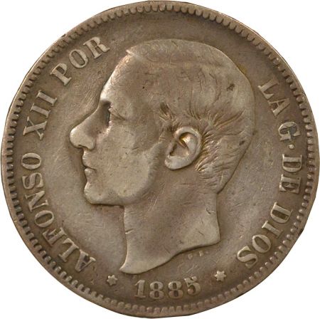 Espagne Alphonse XII - 5 Pesetas Argent, 3e Portrait - 1885 Madrid