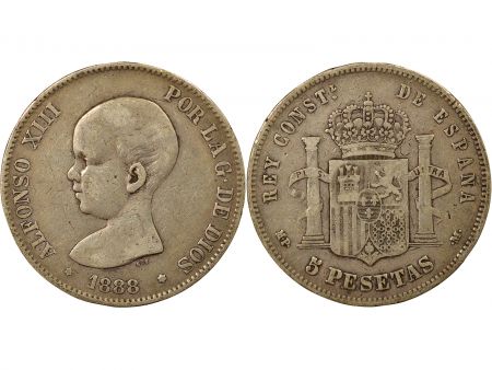 Espagne Alphonse XIII - 5 Pesetas Argent, 1er Portrait - 1888 MPM Madrid