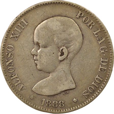 Espagne Alphonse XIII - 5 Pesetas Argent, 1er Portrait - 1888 MPM Madrid