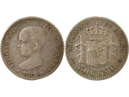 Espagne Alphonse XIII - 50 Centimos Argent, 1e Portrait - 1892 M Madrid