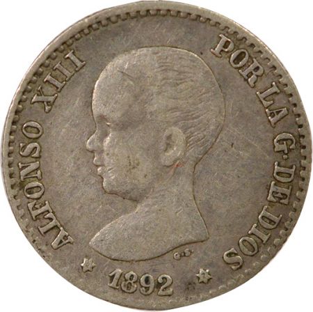 Espagne Alphonse XIII - 50 Centimos Argent, 1e Portrait - 1892 M Madrid