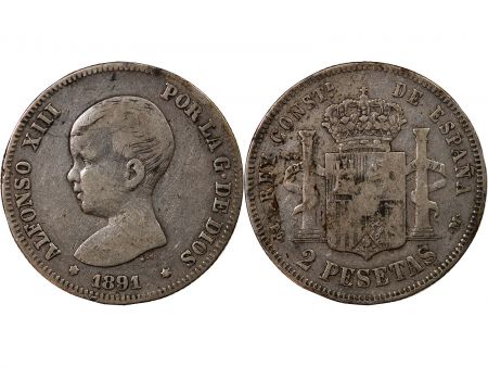 Espagne ESPAGNE  ALPHONSE XIII - 2 PESETAS ARGENT 1893 PGM