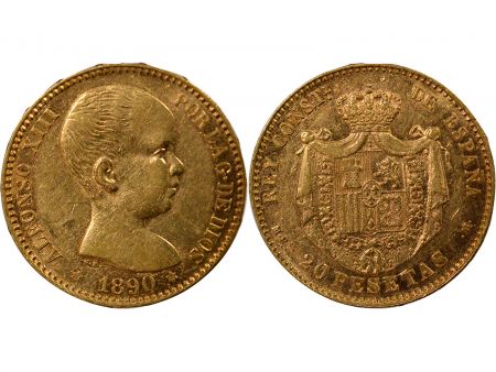 Espagne Espagne, Alphonse XIII - 20 Pesetas Or, Cheveux Courts - 1890 Madrid