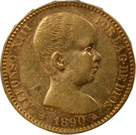 Espagne Espagne, Alphonse XIII - 20 Pesetas Or, Cheveux Courts - 1890 Madrid