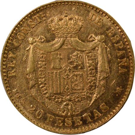 Espagne Espagne, Alphonse XIII - 20 Pesetas Or, Cheveux Courts - 1890 Madrid